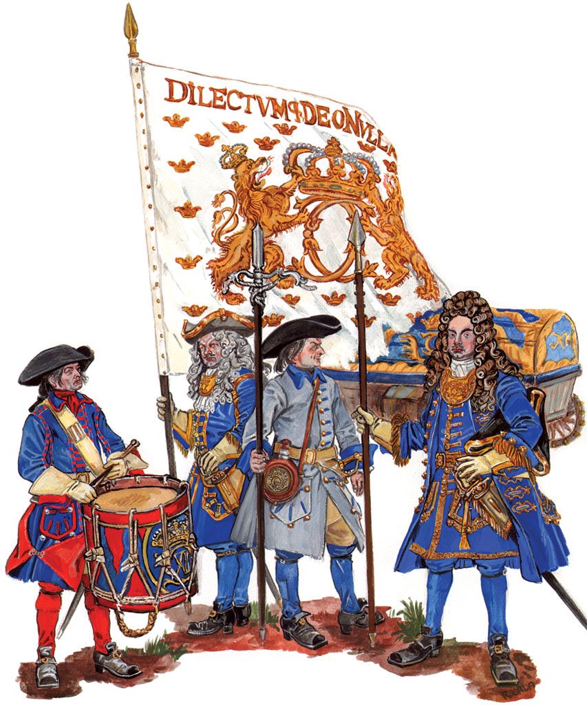 «Шведская пехота под Полтавой» (реконструкция С.Шаменкова). Офицер держит белое королевскоей «лейб-знамя».