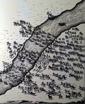 Татари переправляють ясир через ріку. Дереворит XVII століття