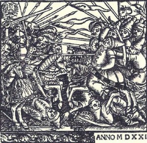 Бій поляків з татарами. Ілюстрація з титульної сторінки книги «Опис Сарматії Азійської та Європейської, і того, що в них міститься» (Descriptio Sarmatiarum Asianae et Europianae et eorum, quae in eis continentur), видання 1521 року