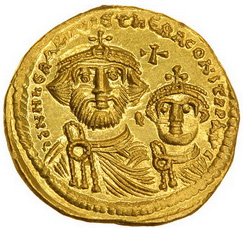 Солид Ираклия с сыном Ираклием Константином, чеканенный в 616–625 гг.