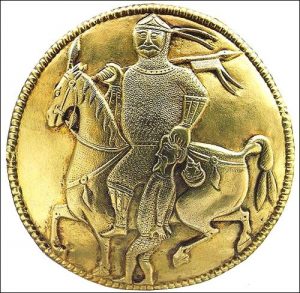"Князь-победитель". Медальон кувшина из клада Наги-Сент-Миклош. Считается "портретом с натуры" тяжеловооруженного аварского всадника. 