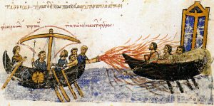 Применение "греческого огня" в морской битве. Миниатюра иллюминированной рукописи ХІІ в. "Обозрение истории" Иоанна Скилицы. Хранится в Национальной библиотеке Испании.