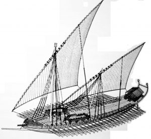 Графическая реконструкция дромона, основного класса боевых кораблей ромейского флота в раннем средневековье.