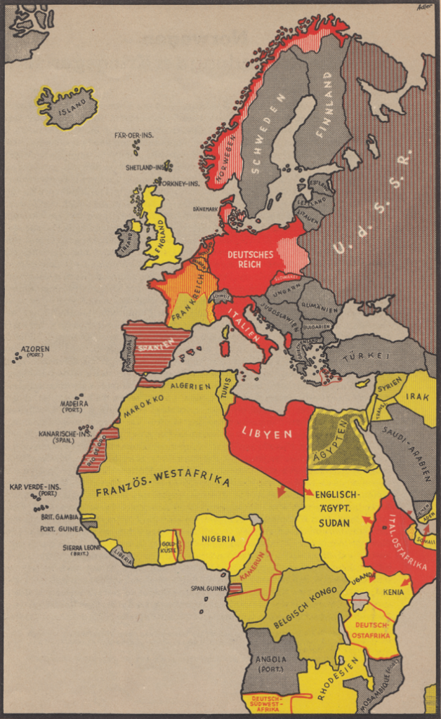 Держави Осі: від Арктики до Африки. На додаток до італійських володінь в Лівії та Ефіопії, Німеччина отримала доступ до величезних колоній переможеної Франції. Це значно більше, ніж було колись у кайзера Вільгельма (виділено контурами): Того, Камерун, Південно-Західна та Східна Африка.