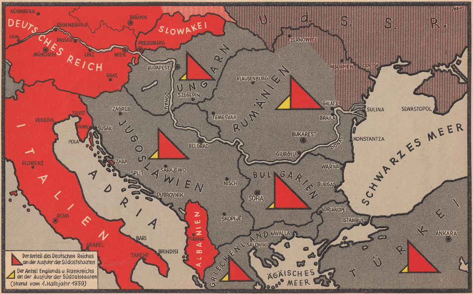 Німеччина та Південно-Східна Європа - натуральні партнери. Червоні трикутники - об'єми німецького експорту, жовті - англо-французького.