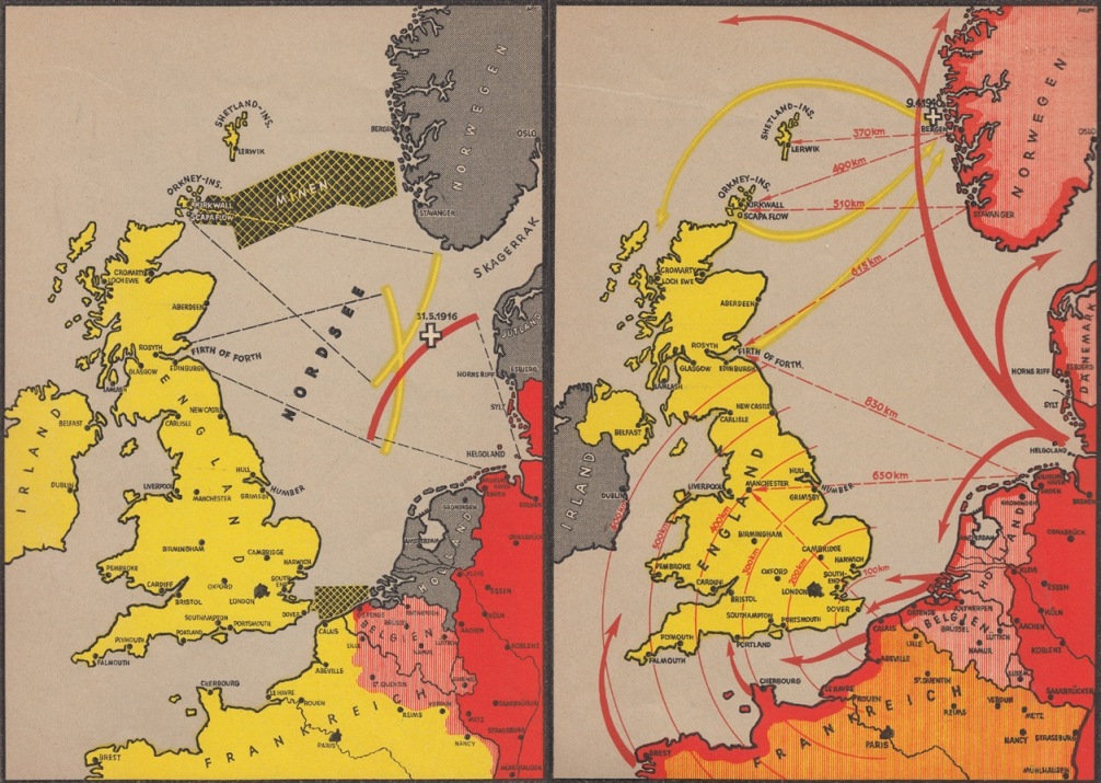 Зліва: 1914-1918, німецький флот заблоковано. Справа: 1940, Німеччина проривається до Атлантики
