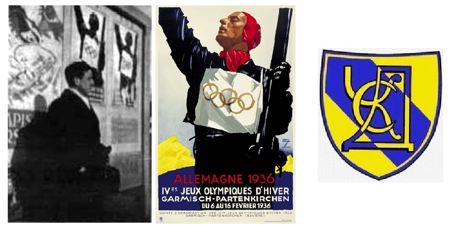 Роман Турушанко на Зимовій Олімпіаді-1936, плакат Олімпіади, емблема клубу УСК "Довбуш"