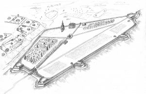 Укріплена головна резиденція Мазепи на Гончарівці та сусідній південно-східній посад Батурина до розорення 1708 р. Гіпотетична реконструкція О. Бондаря.ю 2018 р.