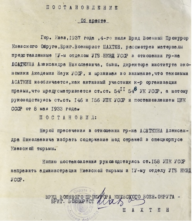 Постанова про арешт Олександра Асаткіна