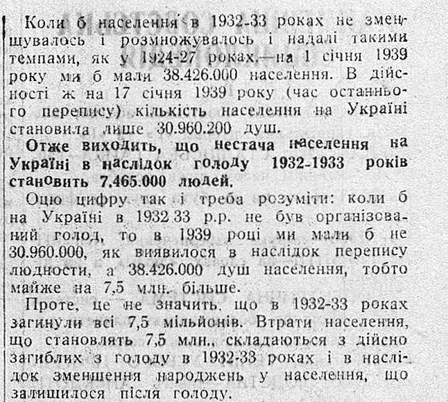 Вирізка зі статті С.Соснового із чітким розмежуванням і вказівкою на нетотожність понять «нестача населення в наслідок голоду» і «загиблі з голоду». . Джерело: Libraria. Архів української періодики онлайн