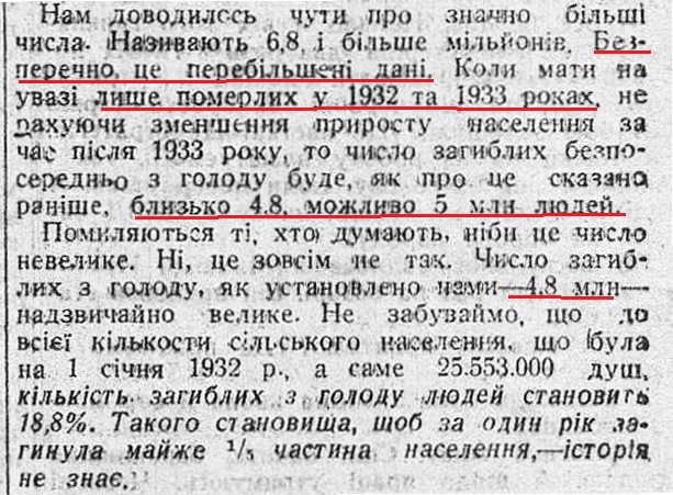 Вирізка зі статті С.Соснового із чітким наголосом на тому, що цифра у 6,8 та більше загиблих від голоду – «безперечно перебільшені дані» і поясненням того, що вказане ним число 4,8 млн «надзвичайно велике». Джерело: Libraria. Архів української періодики онлайн