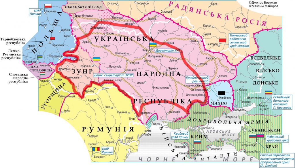 Території під контролем УНР і ЗУНР на кінець 1918 р. Нанесена поверх червона прозора межа окреслює контрольовану УНР і ЗУНР територію 22 січня 1919 р.
