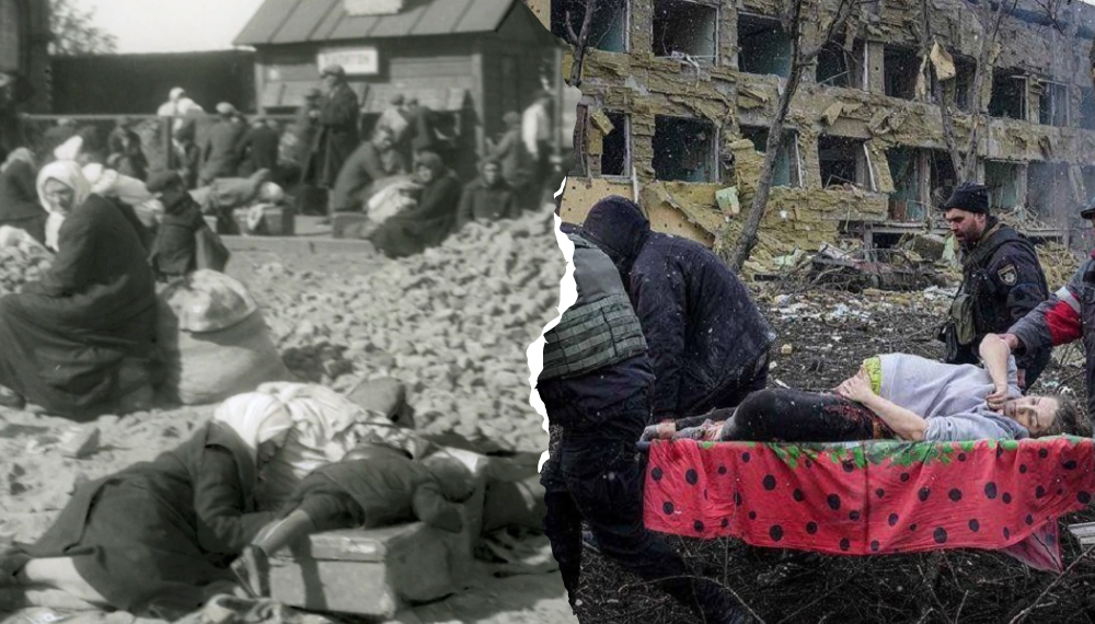 Два геноциди. Колаж При створенні колажу використано фото Джеймса Еббе (1933) та Євгена Малолєтки (2022), опубліковані на сайті Радіо Свобода. Авторка колажу - Тетяна Швидченко