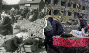 Два геноциди. Колаж При створенні колажу використано фото Джеймса Еббе (1933) та Євгена Малолєтки (2022), опубліковані на сайті Радіо Свобода. Авторка колажу - Тетяна Швидченко