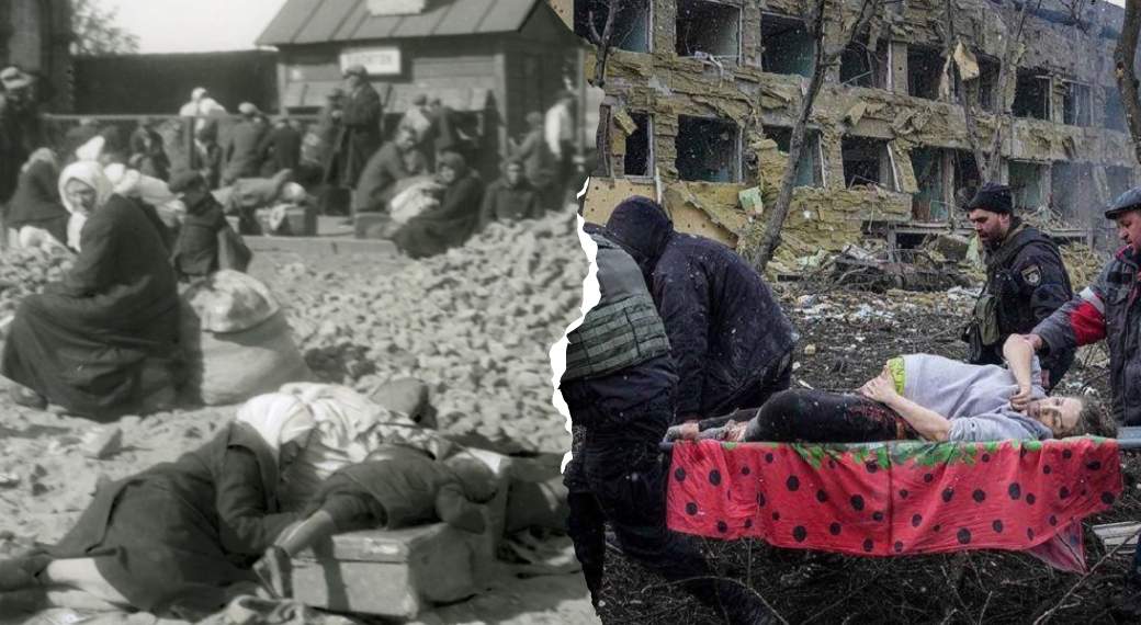 Два геноциди. Колаж При створенні колажу використано фото Джеймса Еббе (1933) та Євгена Малолєтки (2022), опубліковані на сайті Радіо Свобода. Авторка колажу - Тетяна Швидченко